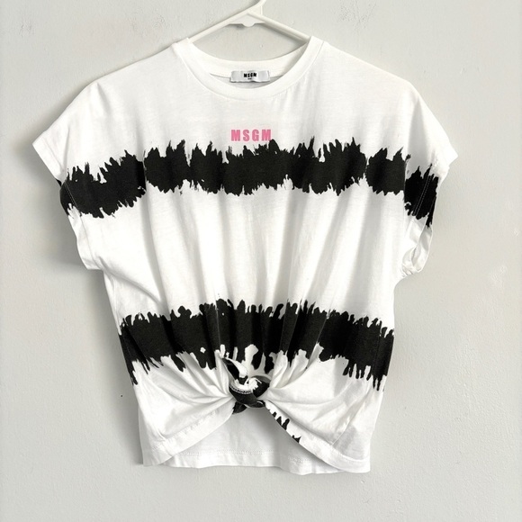 MSGM Kids White and Black Short Sleeve Tie Front Cotton T-Shirt Girls Size 14 - Picture 1 of 6